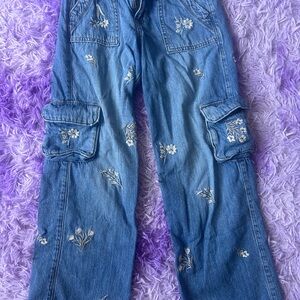 Abercrombie Kids Denim Cargo Jeans with Floral Embroidery